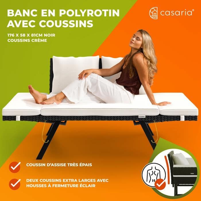 Banco de jardim em rattan sintético com função de chaise longue, apoios de braço ajustáveis, para uso externo em jardins, pátios, varandas e como sofá.
