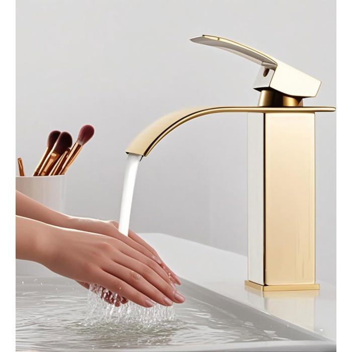 Rubinetto da bagno a cascata dorato, miscelatore per lavabo in ottone con acqua calda e fredda disponibile, risparmio idrico