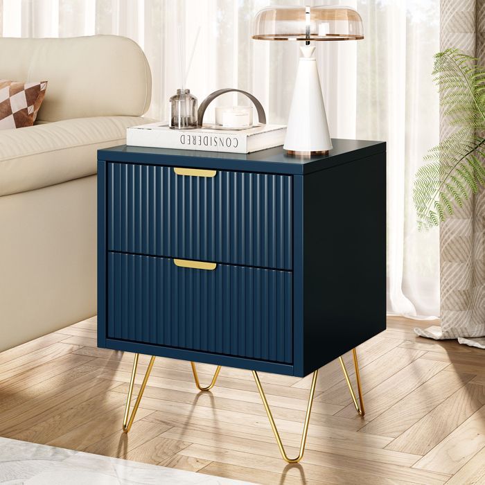 Mesita de noche - LUMINARIX - 2 cajones - Azul oscuro - Metal dorado - Moderna
