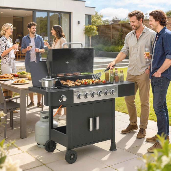 Barbecue a gas - Outsunny - 6+1 bruciatori, termometro integrato - carrello portatile con ruote - metallo - nero