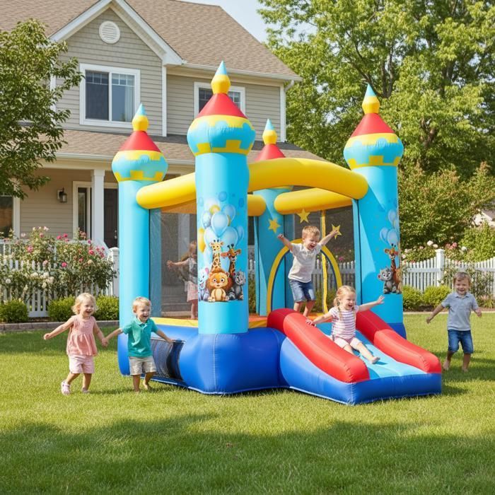Opblaasbaar kasteel voor kinderen met blower, glijbaan/werpspel/springzone, 270x180x210 cm, binnen/buiten, leeftijd 3 tot 8 jaar