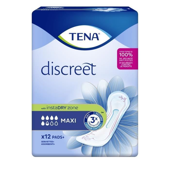 Maandverband - TENA - Discreet Maxi - Pak van 12 - Lekvrije barrière - Gemiddelde menstruatie