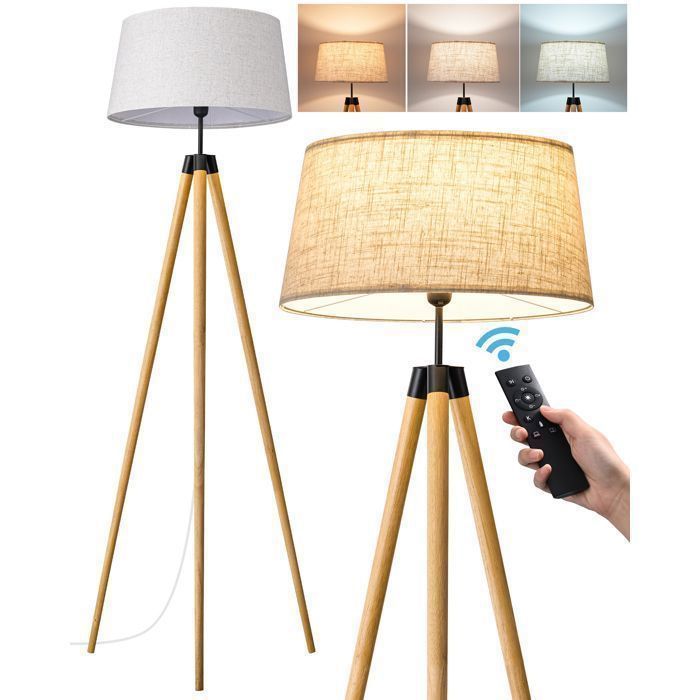 EDISHINE Lampadaire Trépied en Bois, Contrôle Télécommande et Pédale, E27 Ampoule Dimmable Incluse, 3000K - 6000K, Abat-jour en Lin