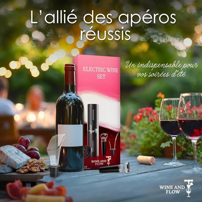 Tire bouchon electrique à piles 4 en 1 Wine and Flow – Idee cadeau homme amateur de vin – Coffret cadeau Ouvre Bouteille Electrique