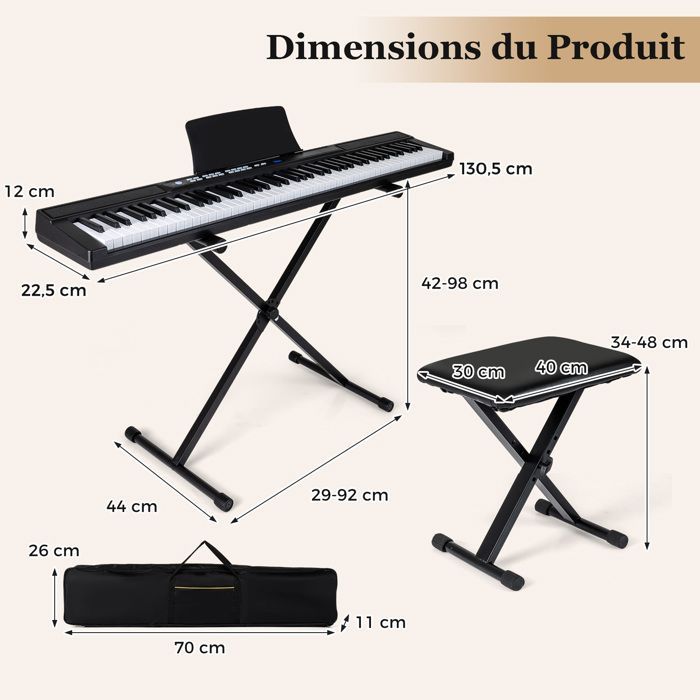 Teclado de piano digital GIANTEX de 88 teclas - Banqueta - Suporte - Fones de ouvido - Volume ajustável - Conexão MIDI - Iniciantes e profissionais - Preto
