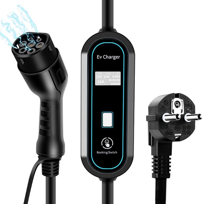 Cargador para coches eléctricos, 3,5 kW 16 A – corriente ajustable 8 A/10 A/13 A/16 A, con función de carga programable, color negro.
