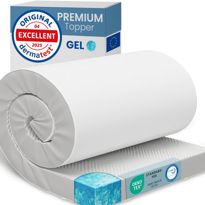 Cubrecolchón de gel ELONEO de 140x200x8cm, 5 cm de espuma viscoelástica con gel, funda de malla 3D transpirable con esquinas elásticas.