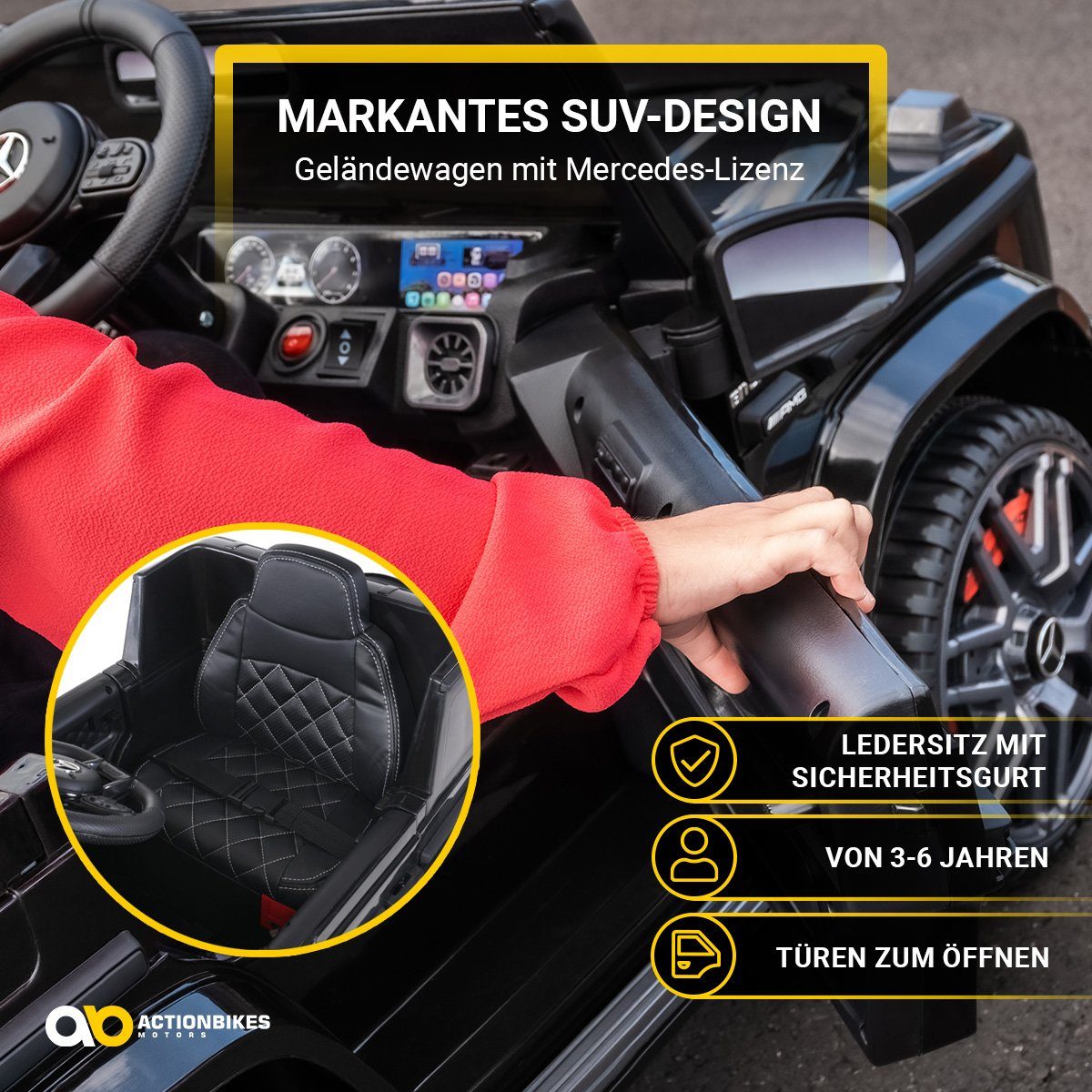 Actionbikes Motors Elektryczny samochód dziecięcy Mercedes Benz AMG G63 - Elektryczny samochód dziecięcy od 3 lat, ładowność 35 kg, (2 części), miękki rozruch - amortyzatory