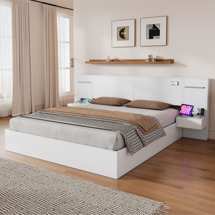 Lit Double 180x200 cm - Lit Adulte avec Horloge Électronique et Port USB, Bande LED, Sans Matelas, en MDF, Blanc