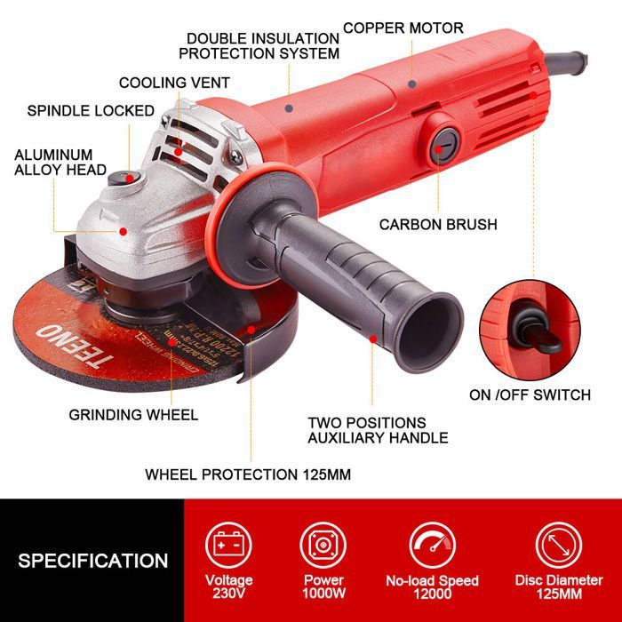 Esmerilhadeira Angular - TEENO - Esmerilhadeira Angular - 1000W - 125 mm - 12000 rpm