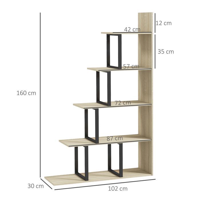 Bookshelf - HOMCOM - Industrial Style Staircase Room Divider with 5 Shelves - Wood - 102x30x160cm - Oak