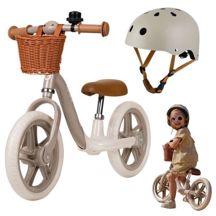 LIONELO Alex Plus loopfiets met helm - Lichtgewicht en stevig frame - Mandje en bel inbegrepen - Tot 30 kg - Beige