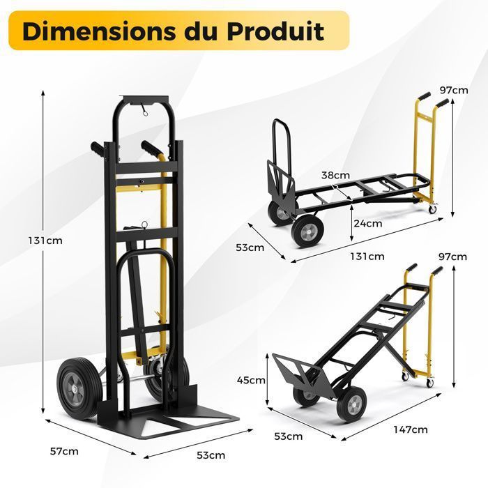 Carretilla metálica plegable COSTWAY - 3 modos - 4 ruedas de goma - Cuerda de conexión - Mango antideslizante - 450 kg - Negro + Amarillo