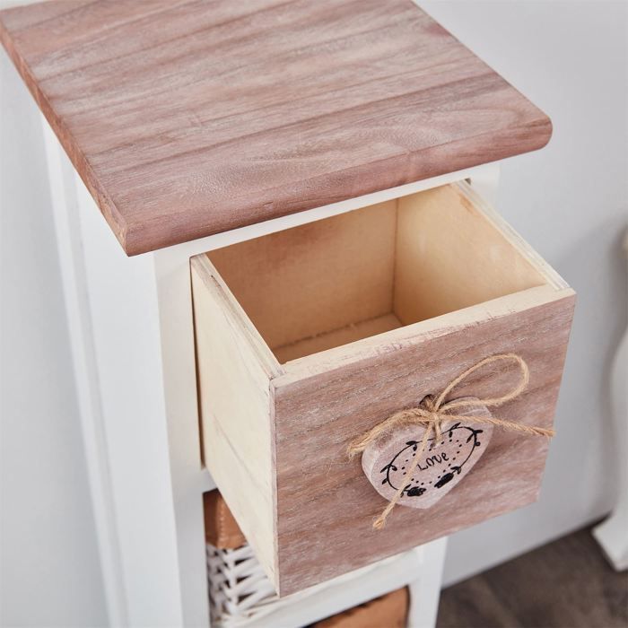 Cómoda FLOWER, de 70 cm de altura, en madera maciza blanca y marrón, con 1 cajón y 3 cestas, pequeño mueble de almacenamiento alto.
