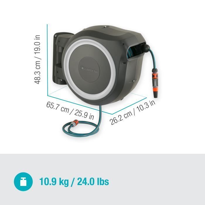 GARDENA RollUp® M/L wall-mounted automatic hose reel with white trim – Length 25m – Ø13mm – Complete kit – 5-year warranty (18622-20)