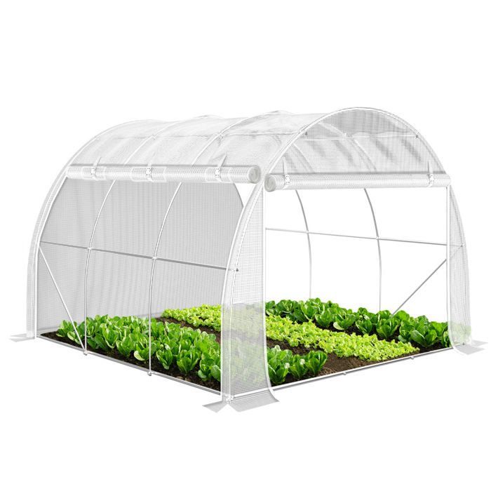 VOUNOT® Serre de jardin tunnel Toute Saison 9m² blanc - acier galvanisé - fenêtres et portes latérales zippées enroulables