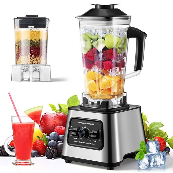 Batidora profesional de 6000 W: batidora de alta potencia con 9 velocidades, 2 recipientes (2 L + 0,5 L), 4 cuchillas de acero inoxidable, para hielo picado y batidos.