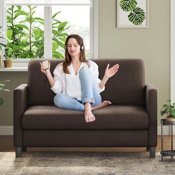 Sofá de 2 plazas en terciopelo marrón tipo peluche, sofá pequeño de 128×78×89 cm con 2 respaldos para salón o dormitorio, patas de madera.