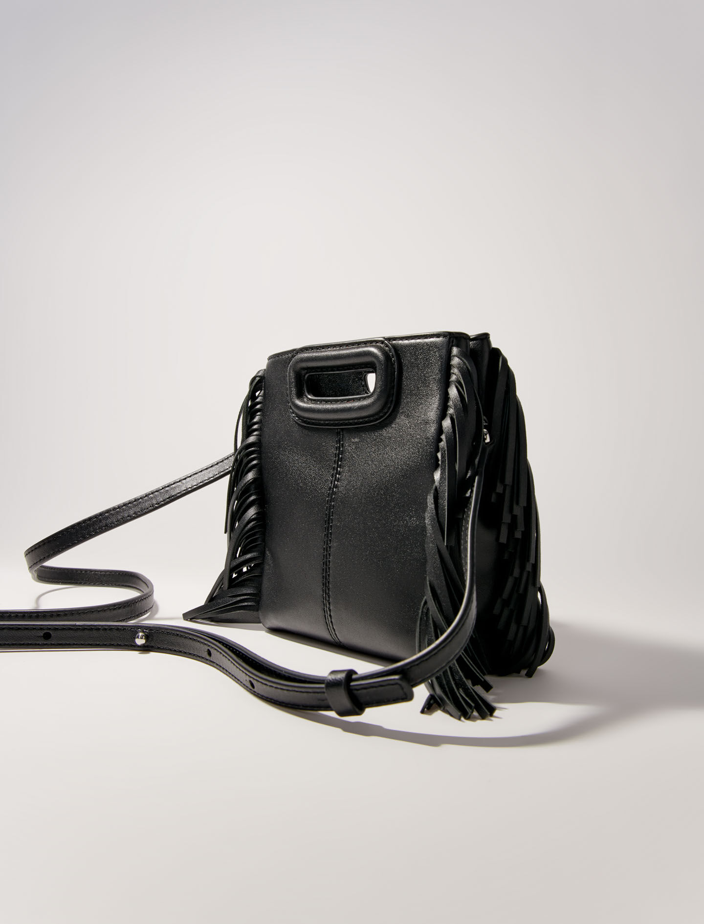 Kleine leren handtas met franjes (M) - Zwart