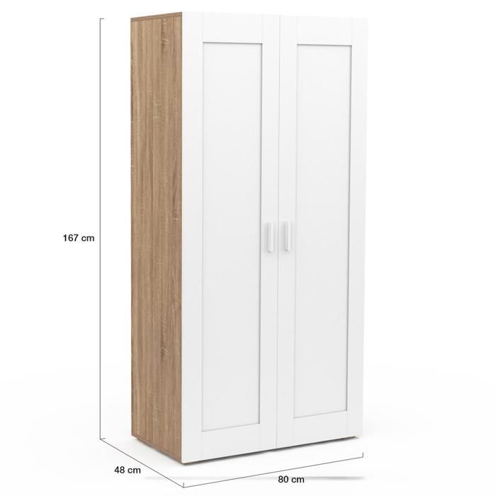 IDMARKET VITO garderob med 2 dörrar, vit och trä, 80 cm hängyta med hyllor, maximal förvaringskapacitet