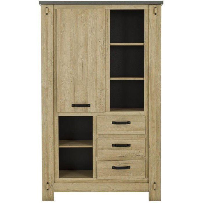 Buffet Haut BROCELIANDE – Finition Chêne Clair – 1 Porte + 3 Tiroirs – 124 × 50 × 202 cm – GAMI