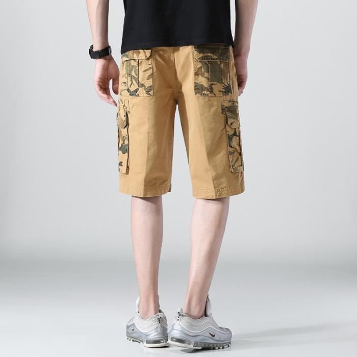 Bermuda Homme Cargo en coton Coupe droite Taille standard Multipoches Camouflage Sans ceinture - Bleu