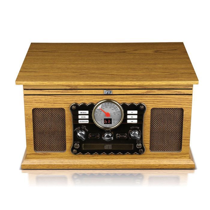 RETRO Turntable - Britz - 50W - 33/45/78 RPM - USB SD / Bluetooth FM Radio / CD/Cassette Player - 2 Stereo Speakers - Wood