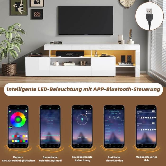 Mueble para TV blanco brillante, 192 x 37 x 53 cm, con iluminación LED, 3 puertas y estantes — para televisores de hasta 85 pulgadas