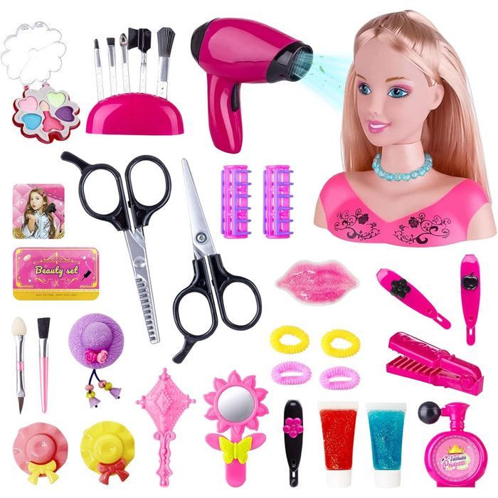 Tête À Coiffer Fille 35Pcs Jouet De Coiffure Maquillage Enfant Demi-Poupée Avec Accessoires Cadeau Anniversaire Noël