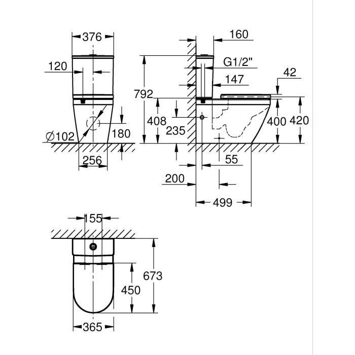 Floor-mounted toilet set - Horizontal outlet - Rimless - GROHE Euro Ceramic (102 489 SH00)