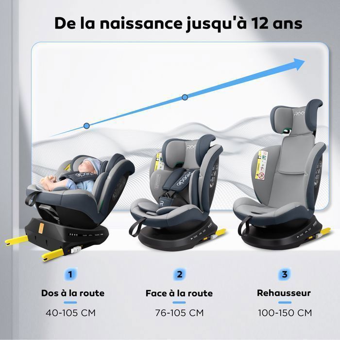Cadeira auto giratória Reecle i-Size 360° ISOFIX, 40-150 cm, do nascimento aos 12 anos (0-36 kg), ECE R129, cinza
