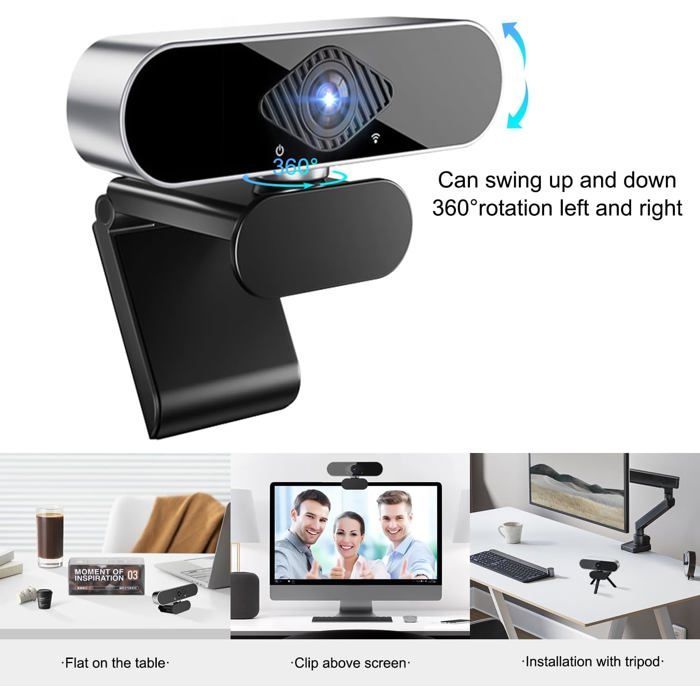Webcam pour PC avec Micro, 1080P Full HD Caméra Web avec Microphone, 360° Rotation USB Caméra Plug Play pour Vidéo et