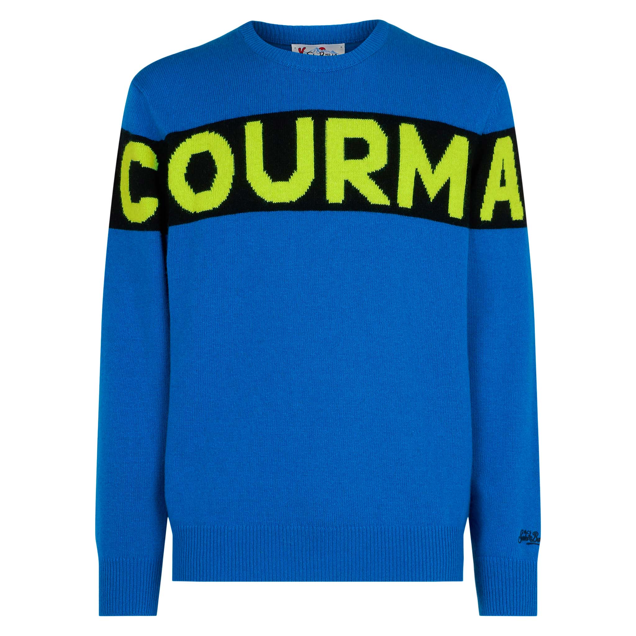 Blauwe herentrui met Courma-opschrift.