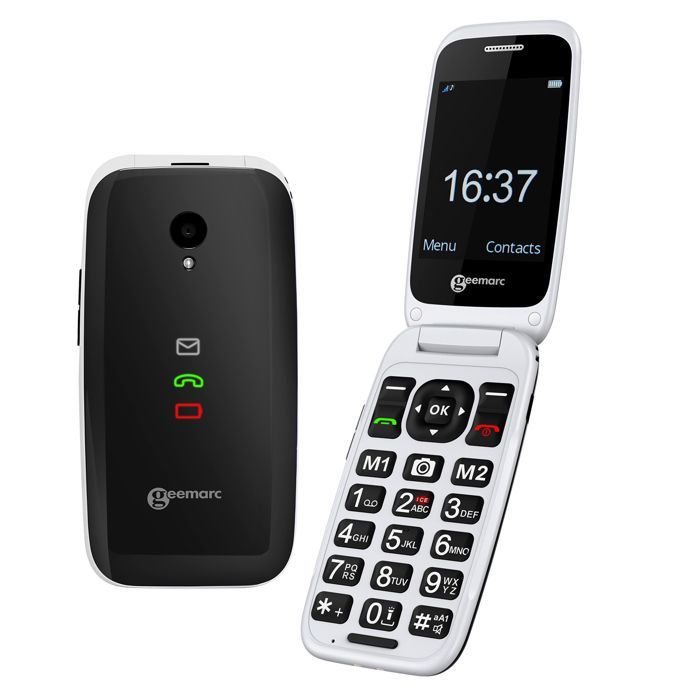 Teléfono plegable amplificado Geemarc blanco/negro para personas mayores, compatible con audífonos.