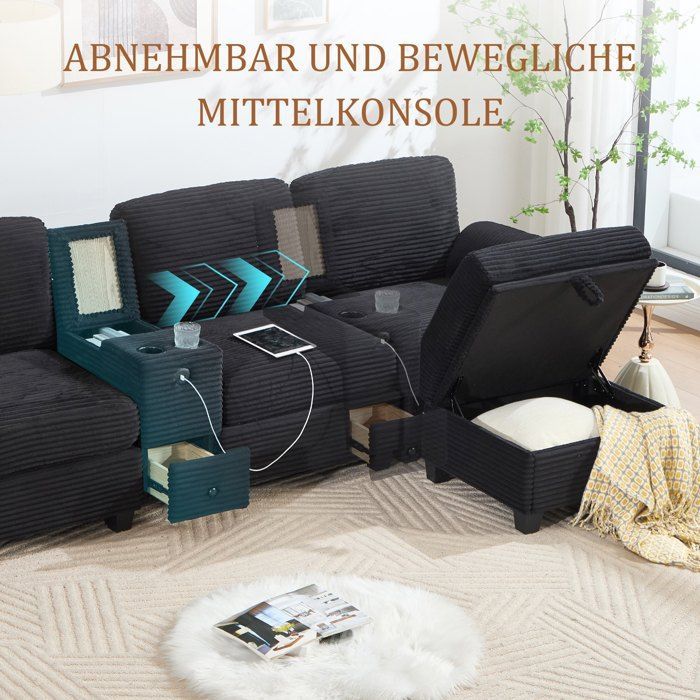 Canapé d'angle réversible 3 places,canapé modulable,canape 3 places avec coffre de rangement et USB-C,canapé en velours côtelé,Noir