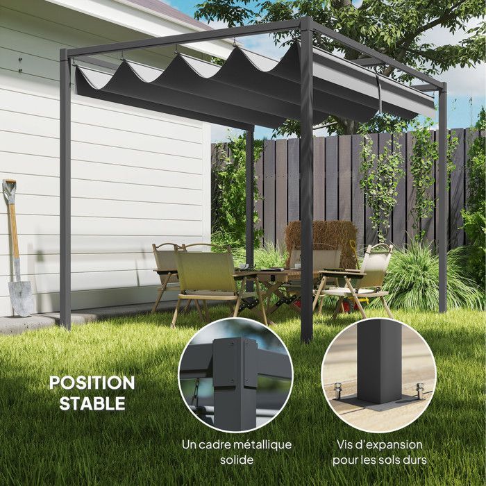 Pergola coulissante rétractable - Outsunny - structure anticorrosion toile haute densité 180 g/m² - métal - 3 x 2 m - gris