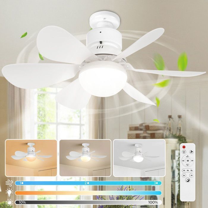 ROSNEK Plafondventilator met verlichting - 6 witte bladen - dimbaar, stil, 3 snelheden, voor keuken, slaapkamer, woonkamer