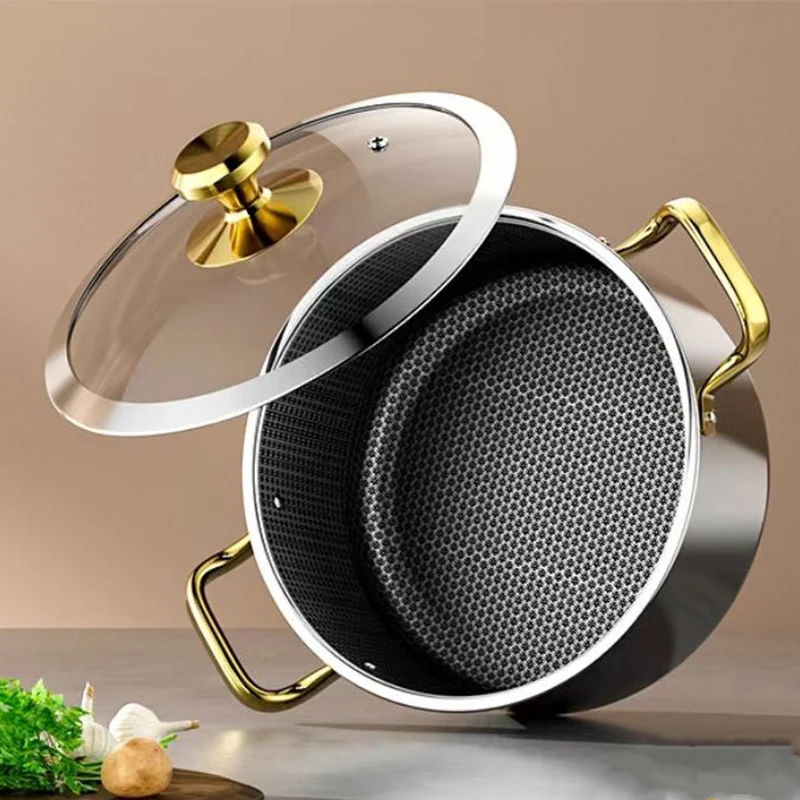 Casserole en acier inoxydable 304, revêtement antiadhésif alvéolé, couvercle inclus, compatible avec les plaques à induction, les cuisinières à gaz et toute autre poêle à frire.