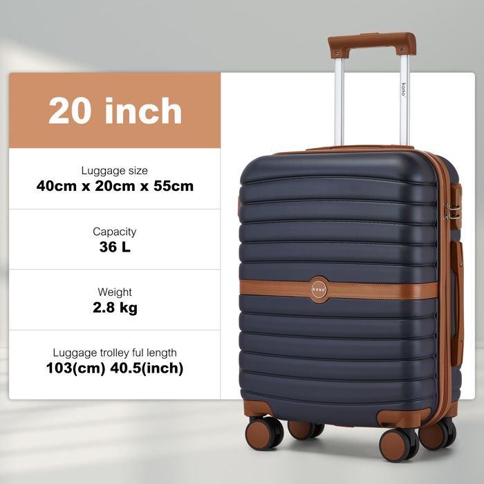 Maleta de cabina Kono, tamaño 55x40x20cm, carcasa rígida ABS+PC, maleta de viaje con ruedas y cerradura TSA, 4 ruedas dobles, azul marino.