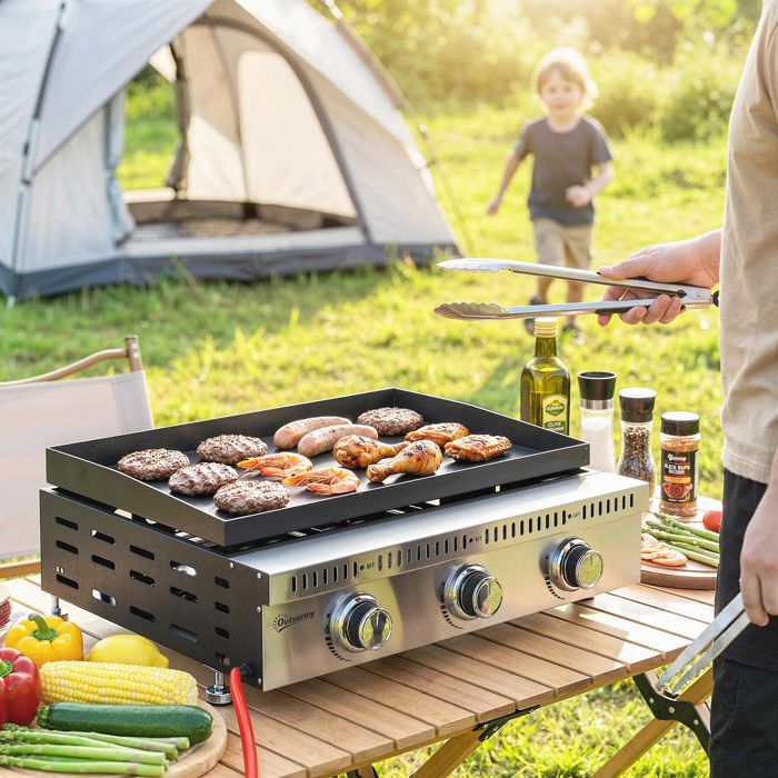 Plancha de gas Outsunny - 3 quemadores de acero inoxidable de 9 kW - superficie de cocción de 56,5 x 33 cm - color negro
