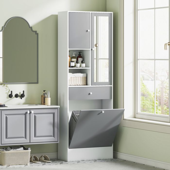 Mueble de baño - HOMCOM - cesto de ropa y espejo - estante ajustable - 62 x 28,3 x 181 cm - gris y blanco