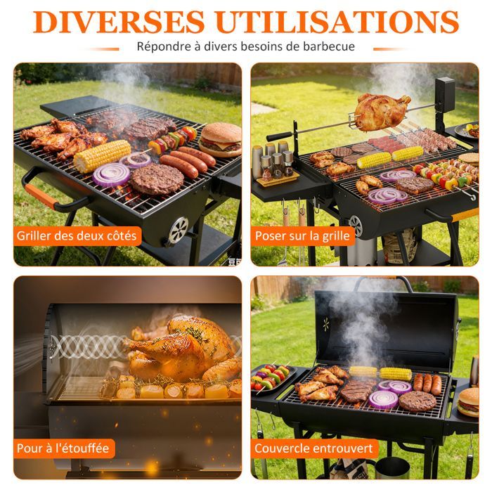 Barbecue Portable à Charbon de Bois avec Couvercle, 3 en 1 Chariot à Barbecue avec Grille à Poulet, pour Camping, Jardin, Balcon