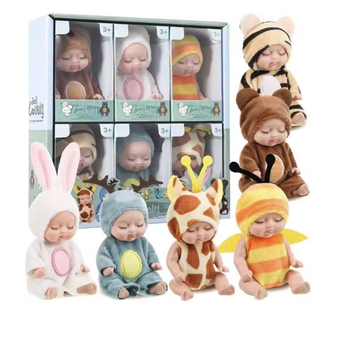 Conjunto de 6 mini muñecos estilo reborn de 11 cm con trajes de animales: Abeja, Conejo, Oso, Jirafa, Alce, Tigre.