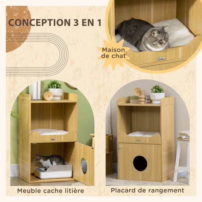 Arenero para gatos, unidad de 3 niveles con compartimento cerrado y 1 cojín, 60 x 45 x 103 cm