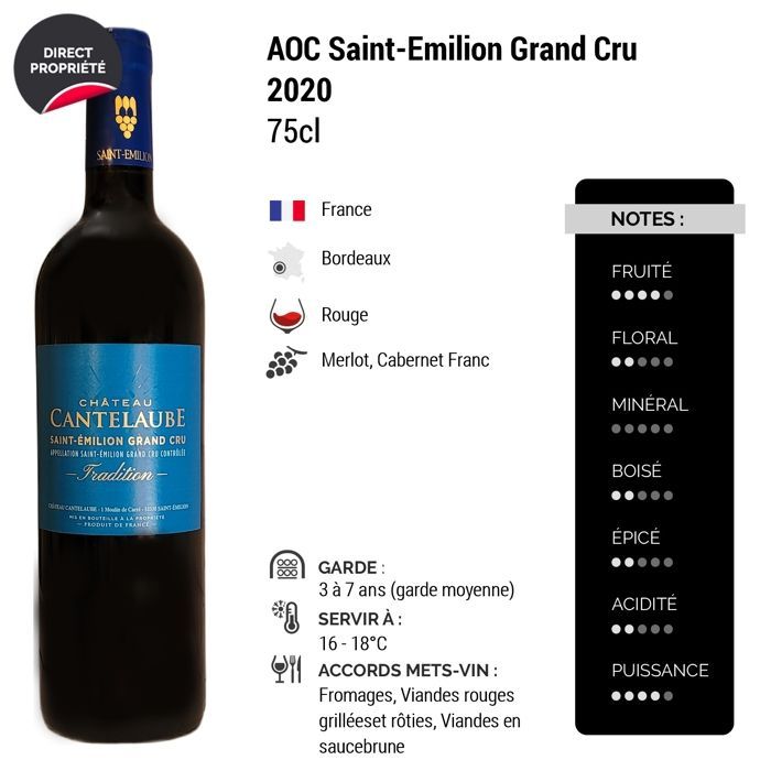 Château Cantelaube Saint-Emilion Grand Cru Tradition 2020 - Vin Rouge de Bordeaux (6x75cl)