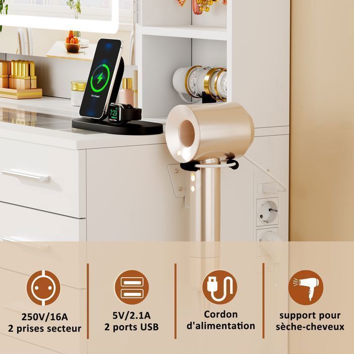 Coiffeuse Grande avec Miroir , LED Réglable, Prise et Port USB, 15 Tiroirs, 105X40X140cm，Blanc