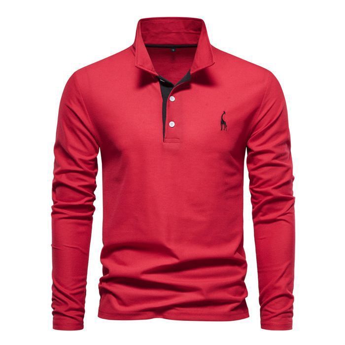 Polo da uomo a maniche lunghe con motivo ricamato autunnale - Rosso