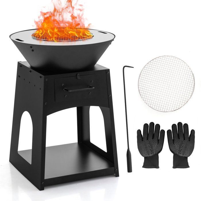 COSTWAY Patio Fire Pit with Storage, Grill and Ash Box, Lower Shelf, Poker and Gloves, for Barbecue