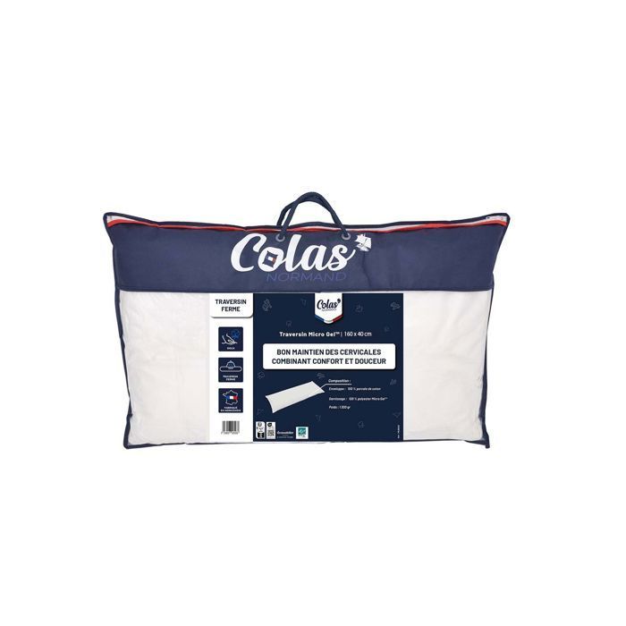 Cojín cilíndrico plano Qualigel - 160 cm - Fabricado en Francia - Blanco
