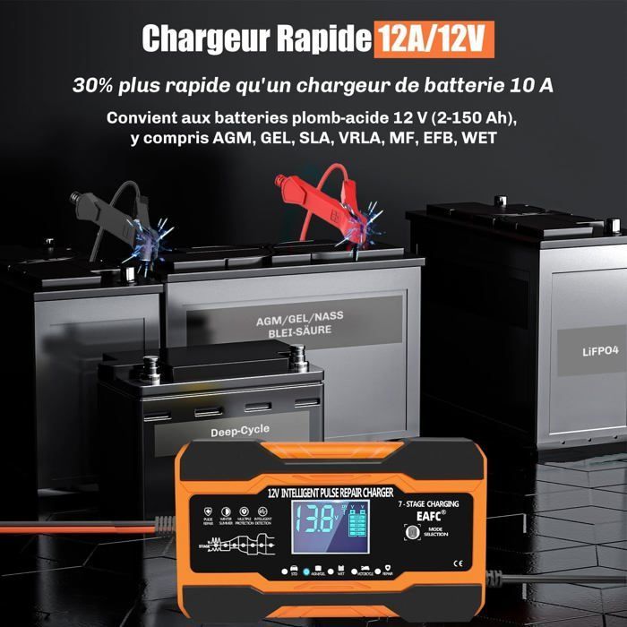 Cargador inteligente de baterías para coche de 12 A y 12 V, cargador de mantenimiento para baterías de plomo-ácido, STD, AGM, gel, SLA y baterías de motocicleta.
